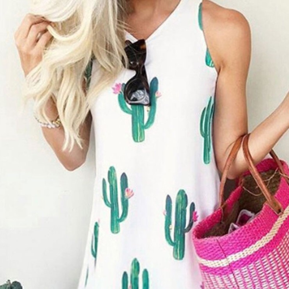 Launiq Cactus Printed White Mini Dress